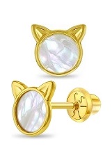 nice gold kitty cat baby pearl earrings 